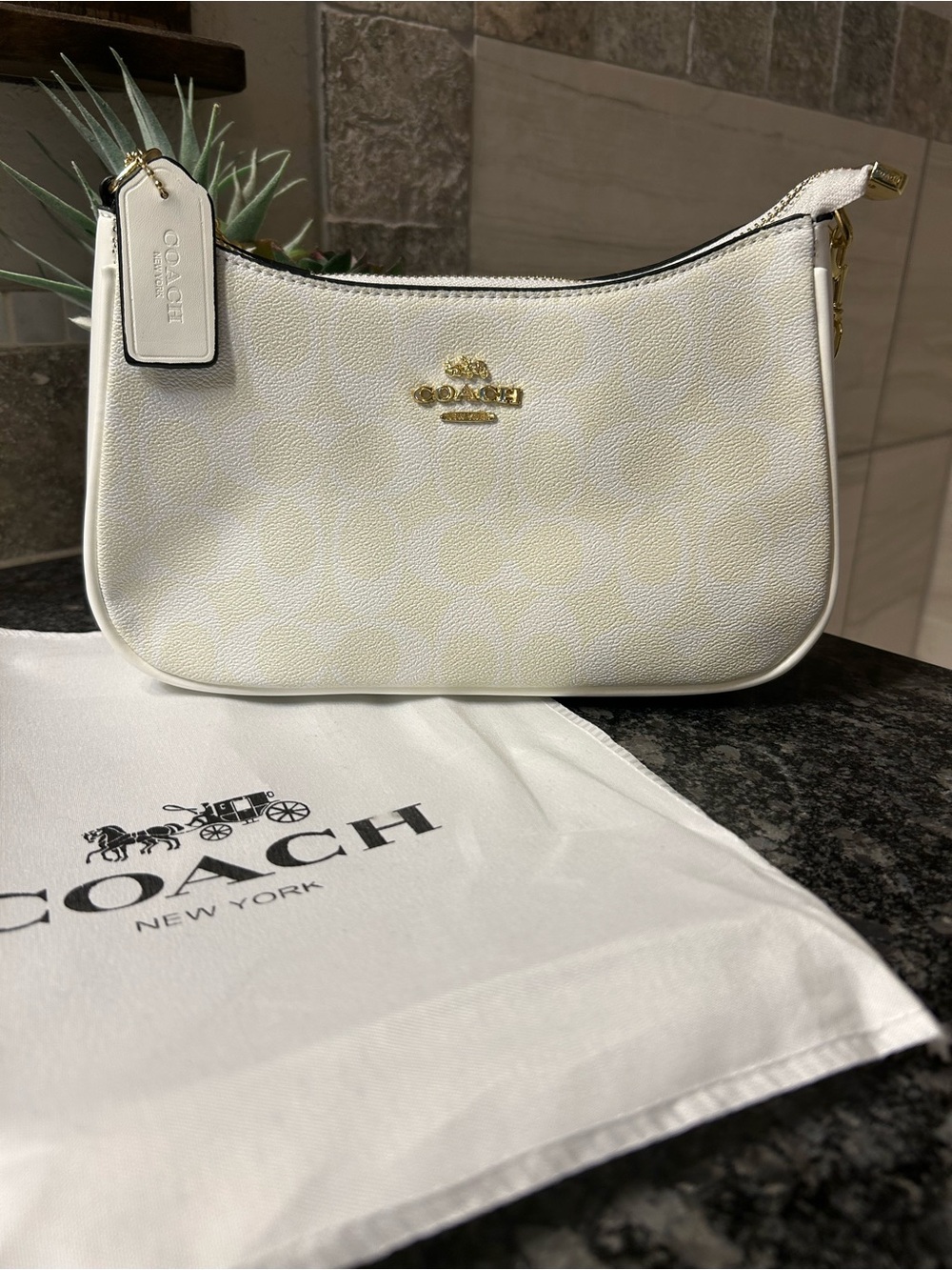 Coach Cream and White Signature Shoulder Bag with Gold Hardware